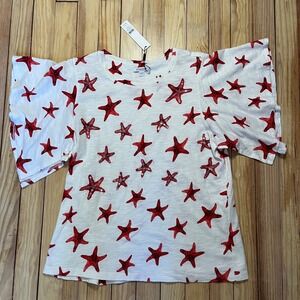 nwt Chico's White Starfish Sequin Embellished Flutter Sleeve Top Slub tee Medium